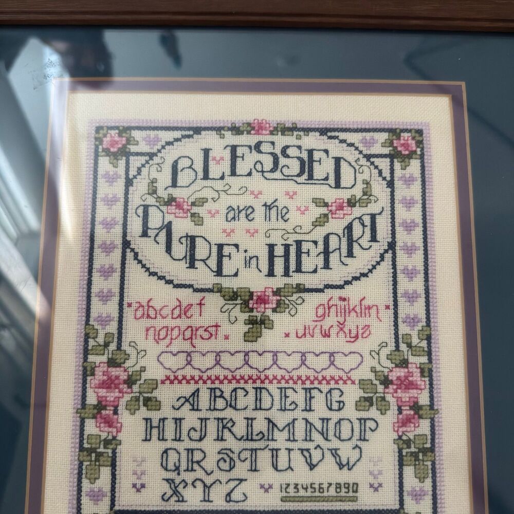 Vintage Framed Cross Stitch Sampler Blessed Are The Pure In Heart Alphabet Art - Picture 6 of 8